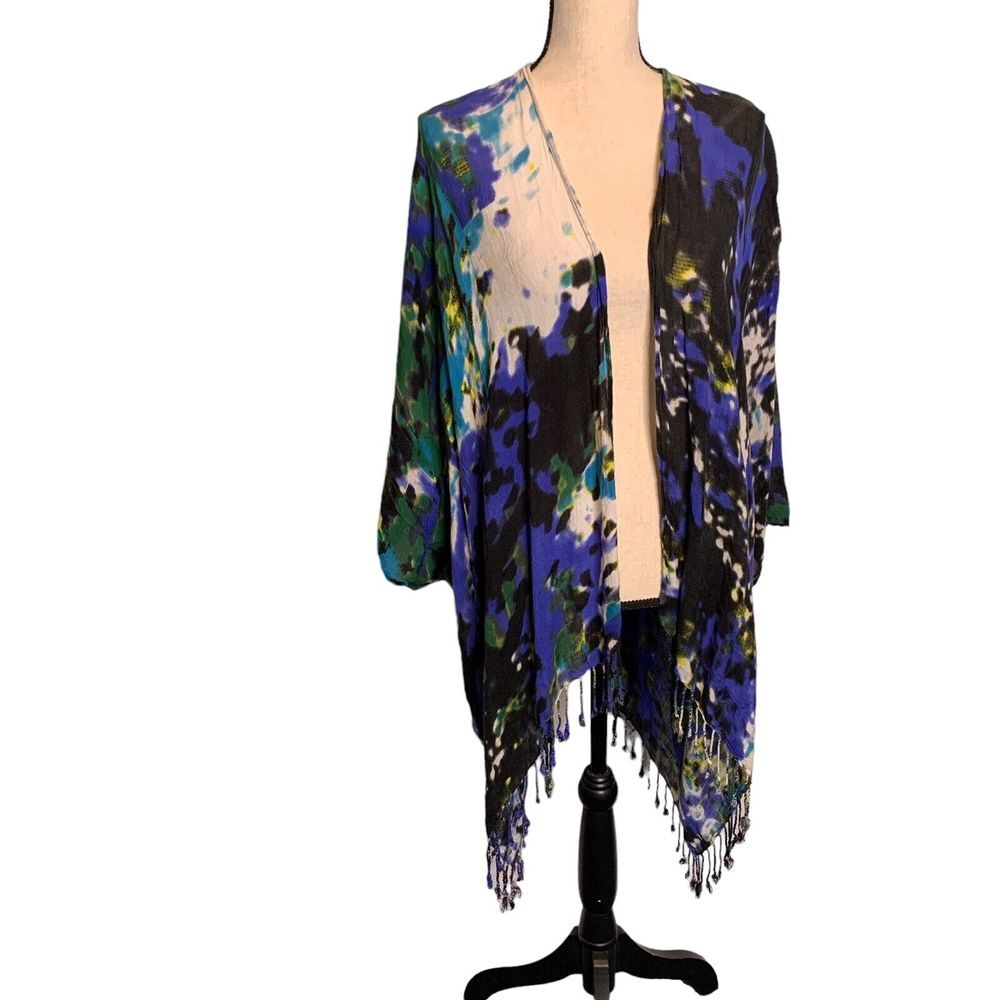 Towne & Reese Kimono Womens Large Blue‎ Fringe Sleeves Modal Lightweight Open